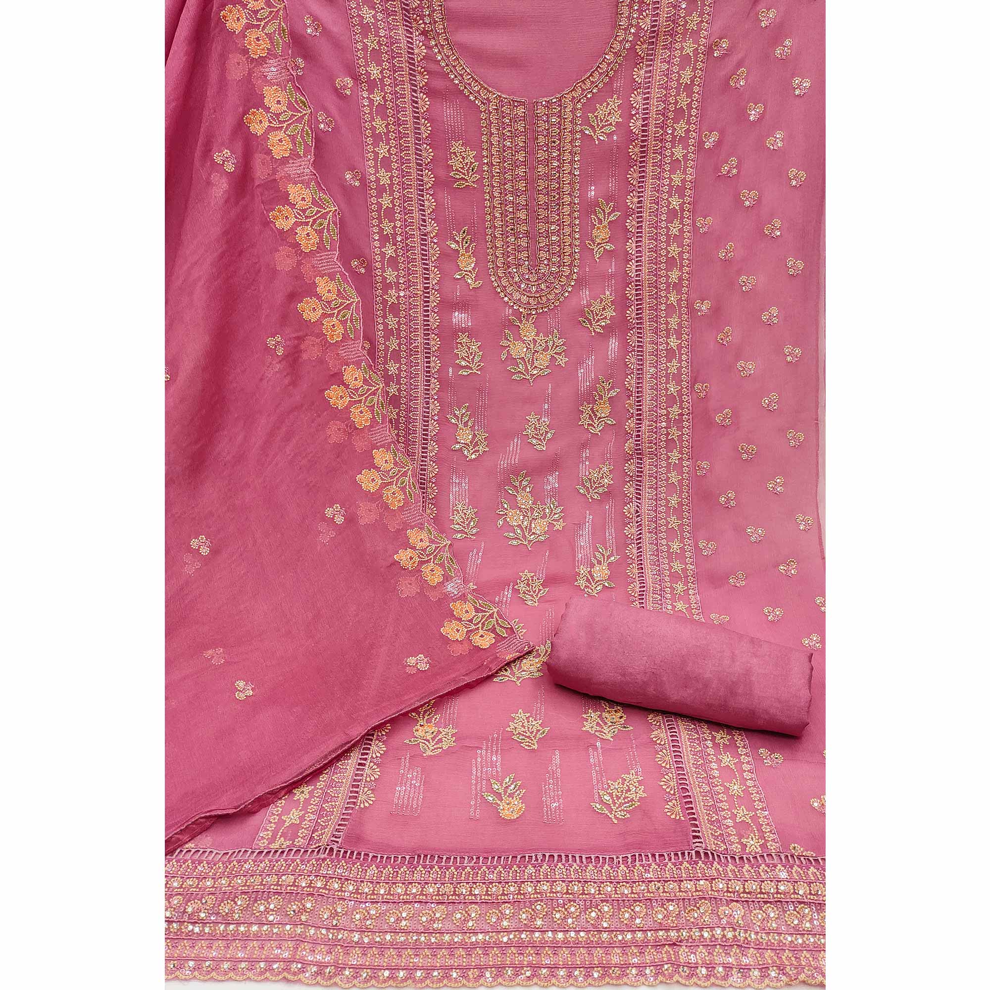 Pink Floral Embroidered Chiffon Dress Material