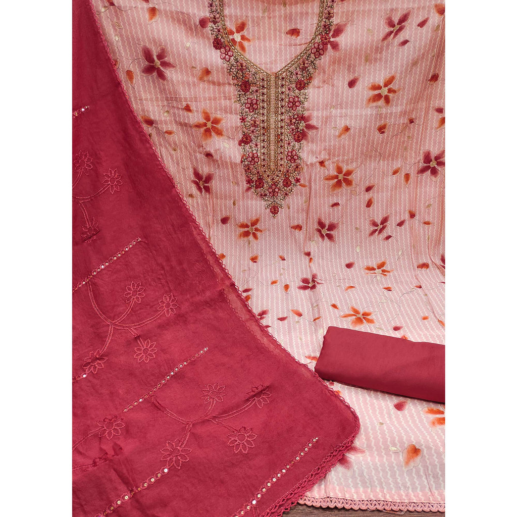 Peach Floral Printed With Embroidered Pure Cotton Dress Material