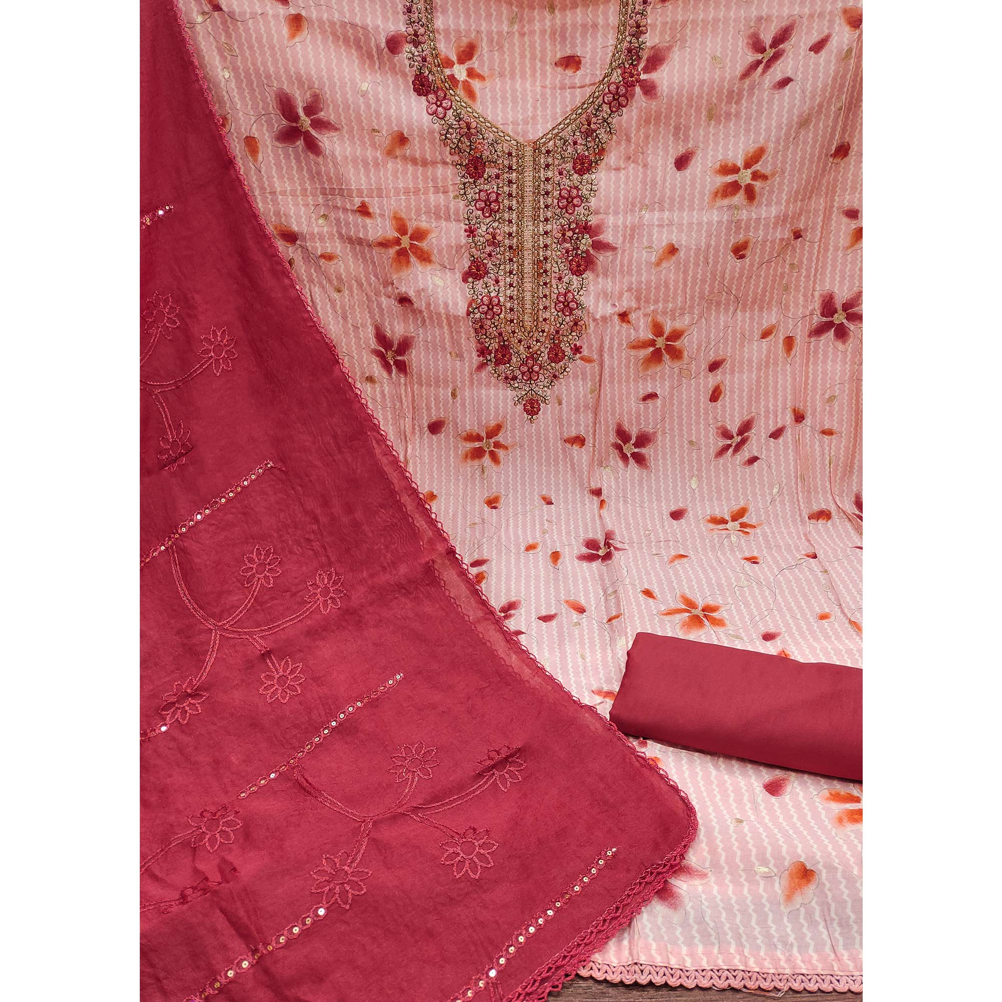 Peach Floral Printed With Embroidered Pure Cotton Dress Material