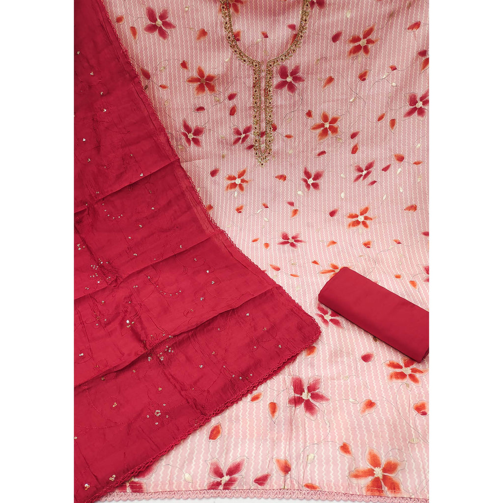 Pink Floral Printed Cotton Silk Dress Material