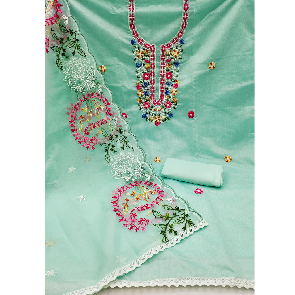 Blue Floral Embroidered Chanderi Dress Material