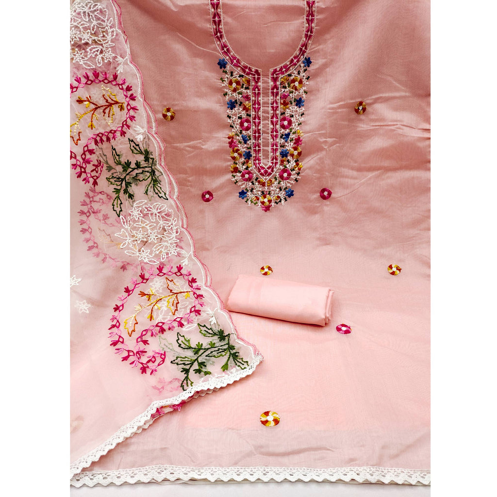 Peach Floral Embroidered Chanderi Dress Material