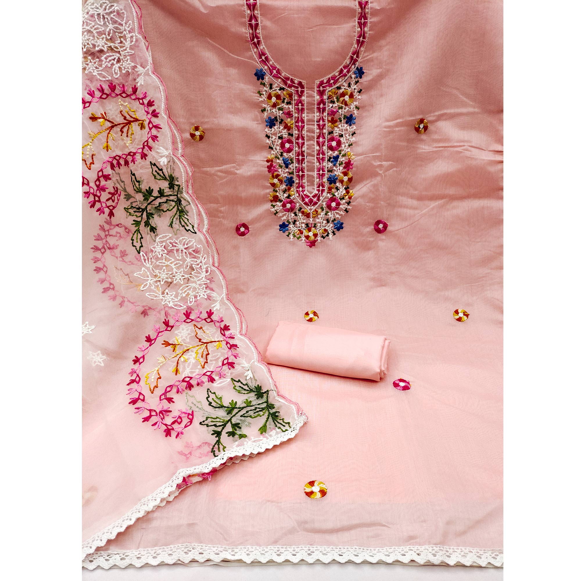 Peach Floral Embroidered Chanderi Dress Material