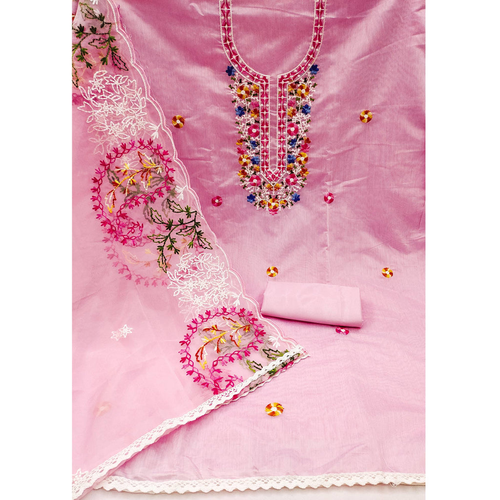 Pink Floral Embroidered Chanderi Dress Material