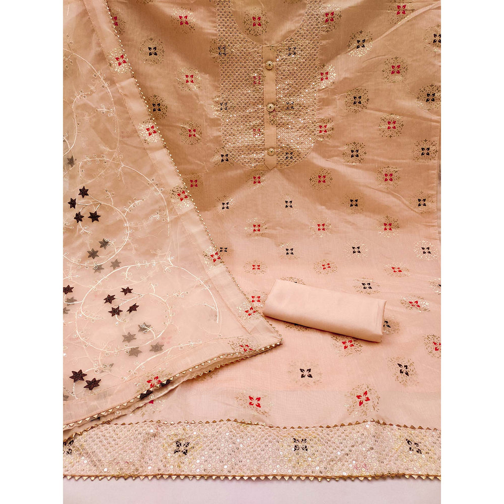 Peach Floral Foil Printed Chanderi Dress Material