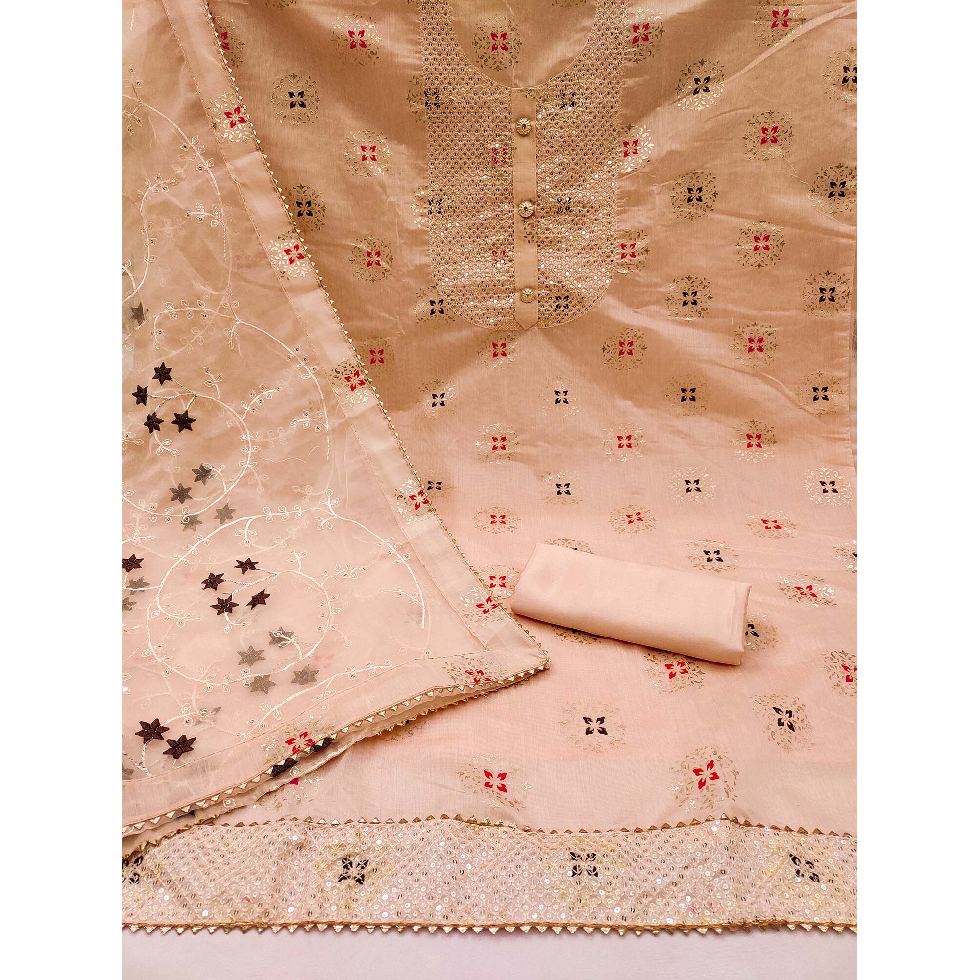 Peach Floral Foil Printed Chanderi Dress Material