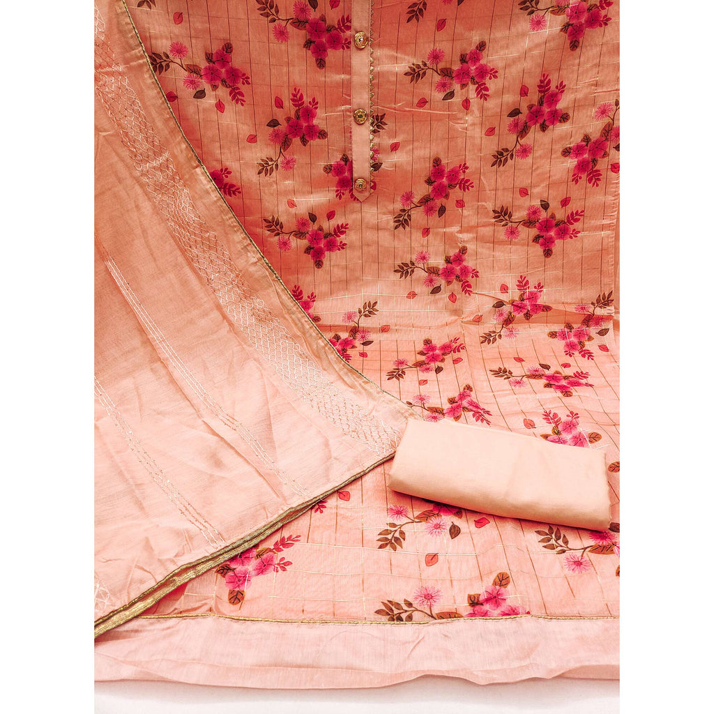 Peach Floral Printed Chanderi Dress Material
