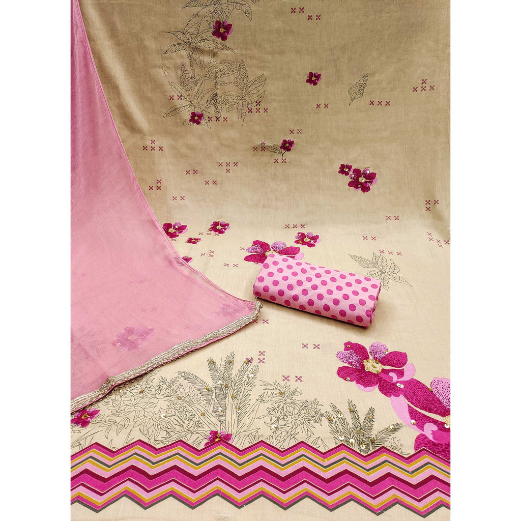 Beige & Pink Floral Printed Pure Cotton Dress Material