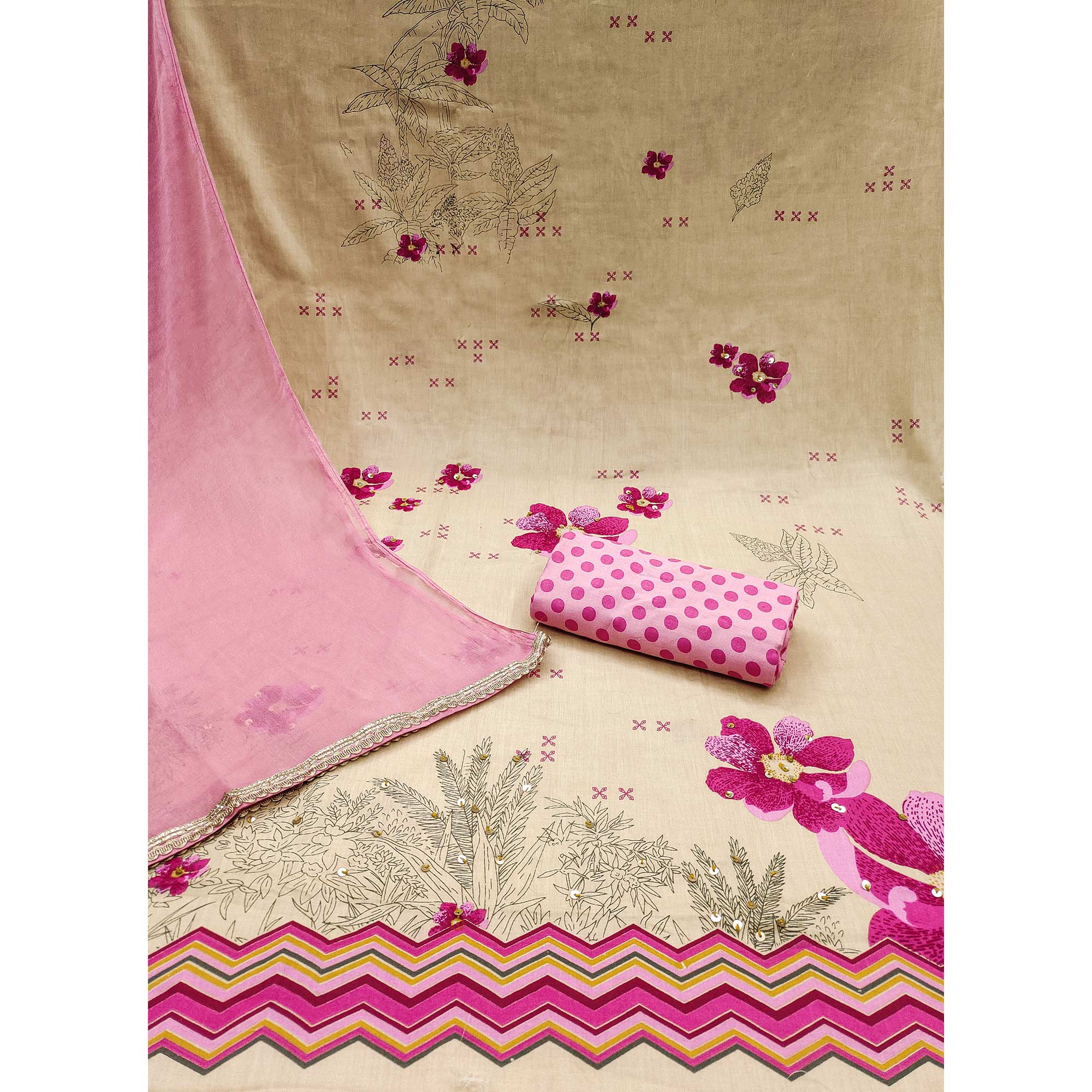 Beige & Pink Floral Printed Pure Cotton Dress Material