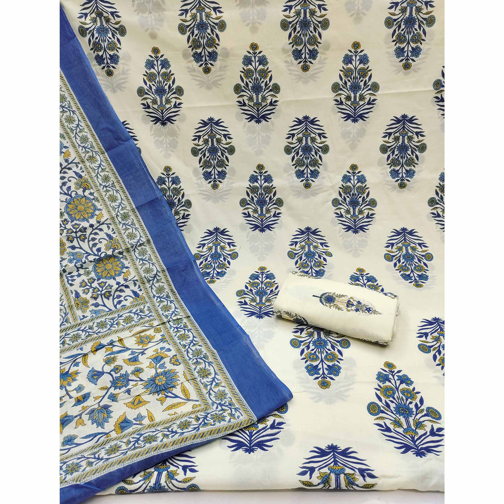 Navy Blue Floral Printed Pure Cotton Dress Material