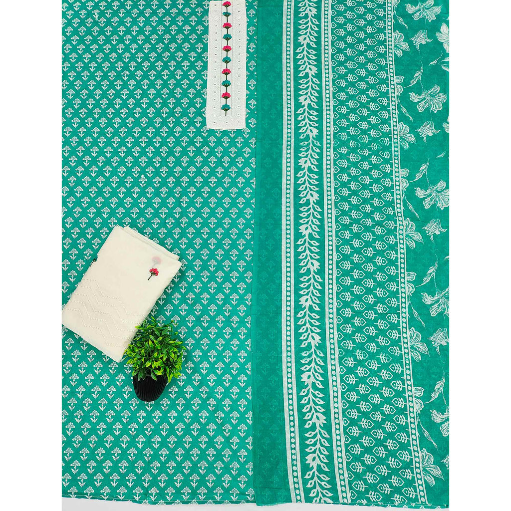 Floral Printed Pure Cotton Dress Material in Radiant Rama Green Tone
