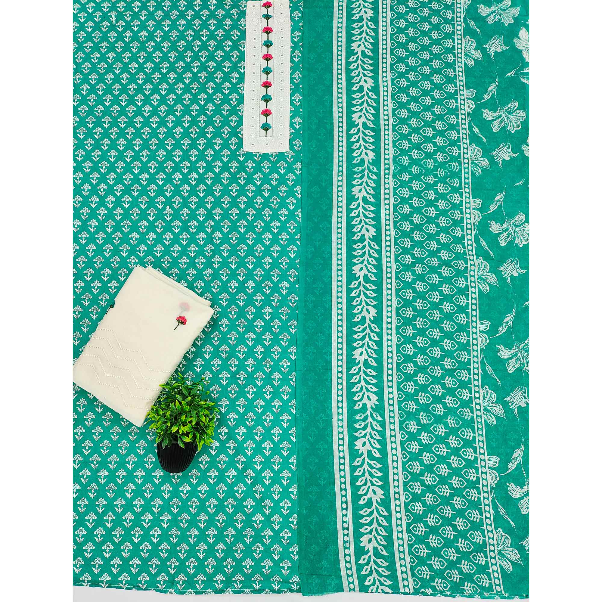 Floral Printed Pure Cotton Dress Material in Radiant Rama Green Tone