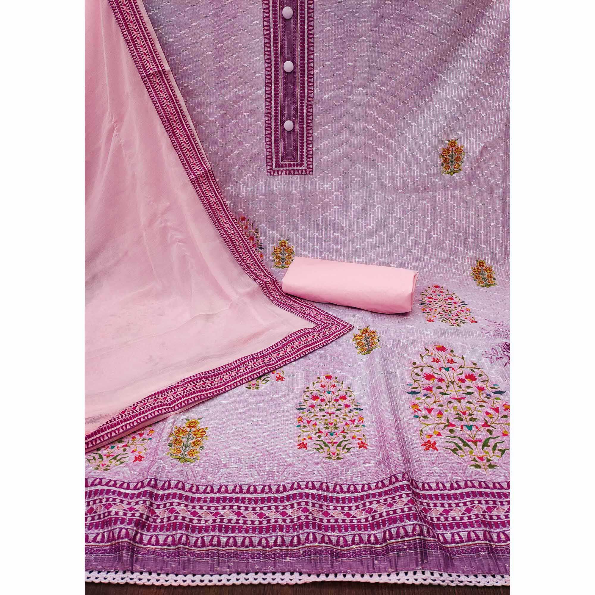 Pink Floral Printed Cotton Silk Dress Material