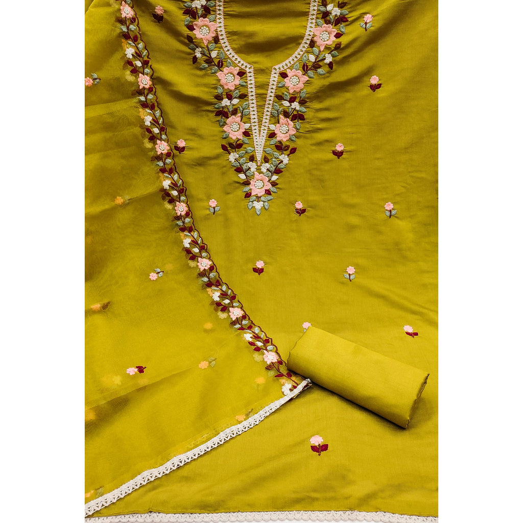 Green Floral Embroidered Roman Cotton Silk Dress Material