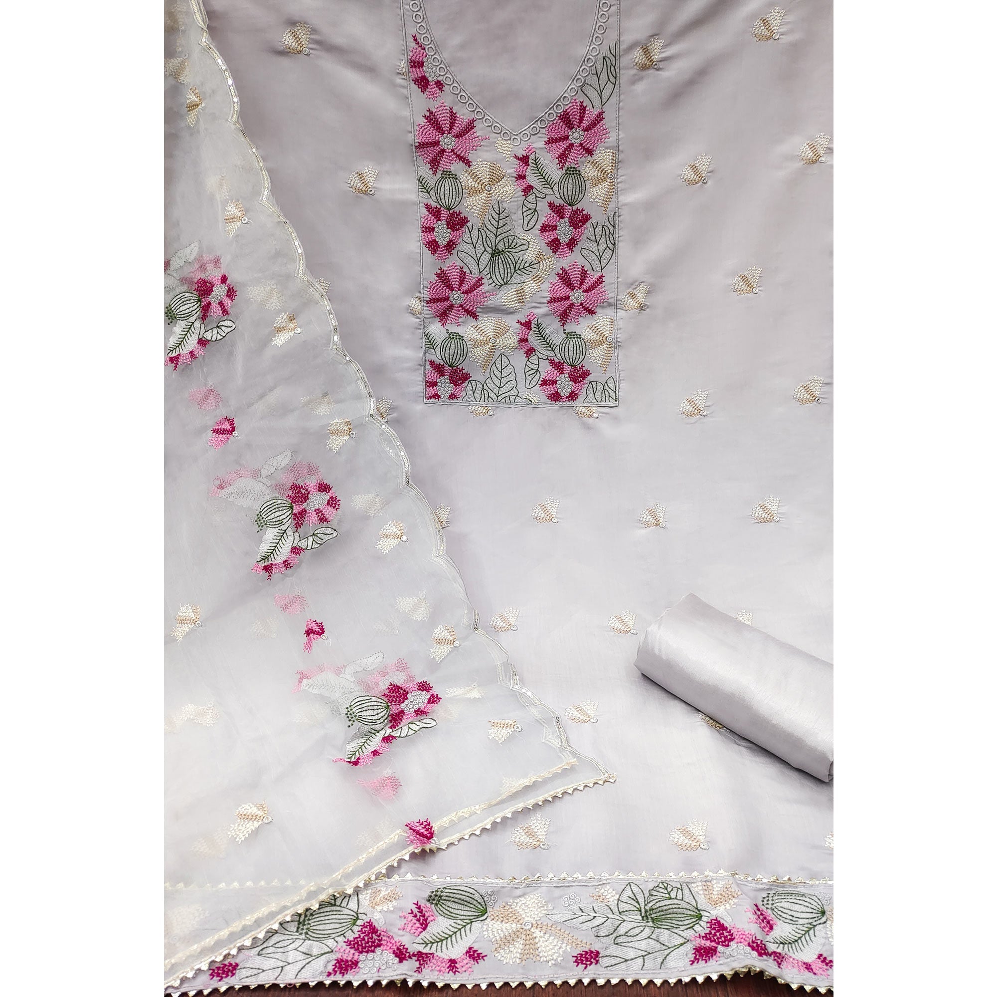 Grey Floral Embroidered Cotton Blend Dress Material