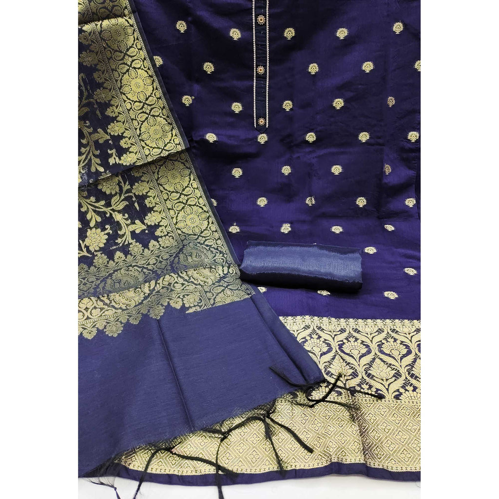Navy Blue Floral Woven Banarasi Silk Dress Material