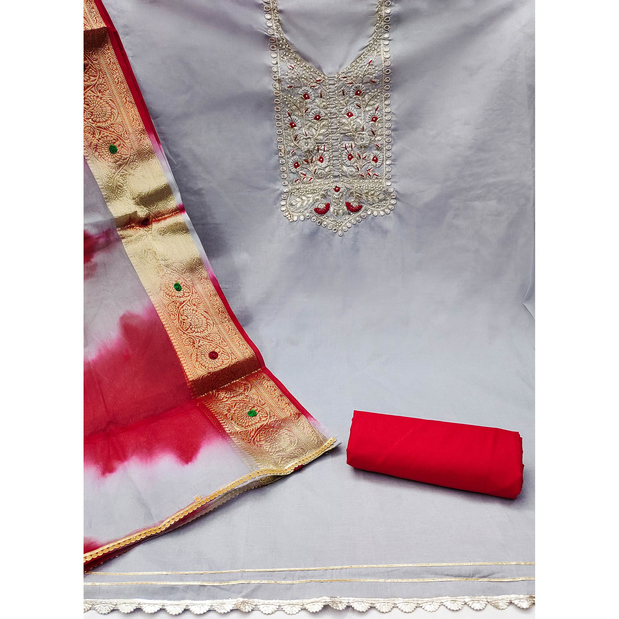 Grey Floral Embroidered Pure Cotton Dress Material