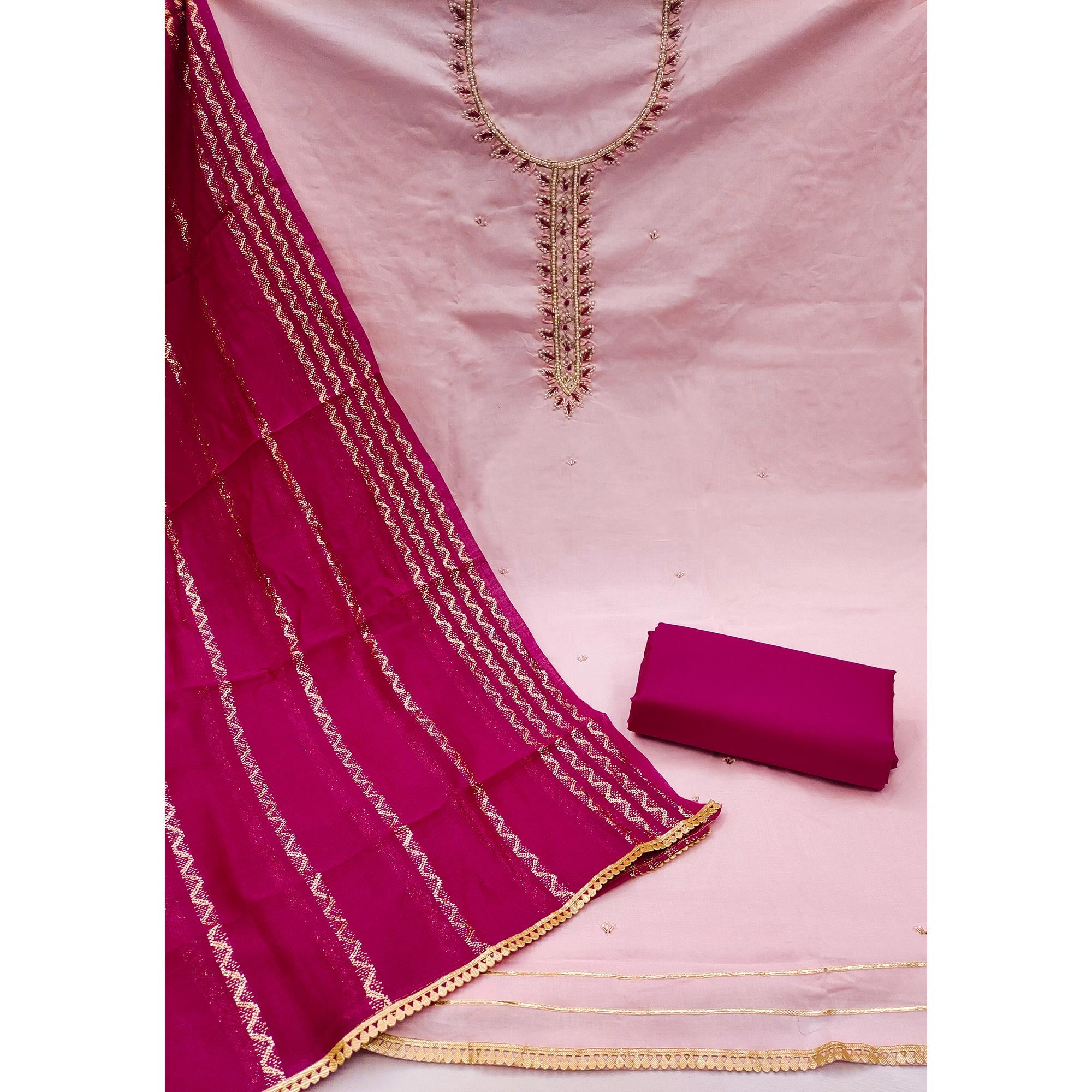 Pink Zardosi Moti Work Pure Cotton Dress Material