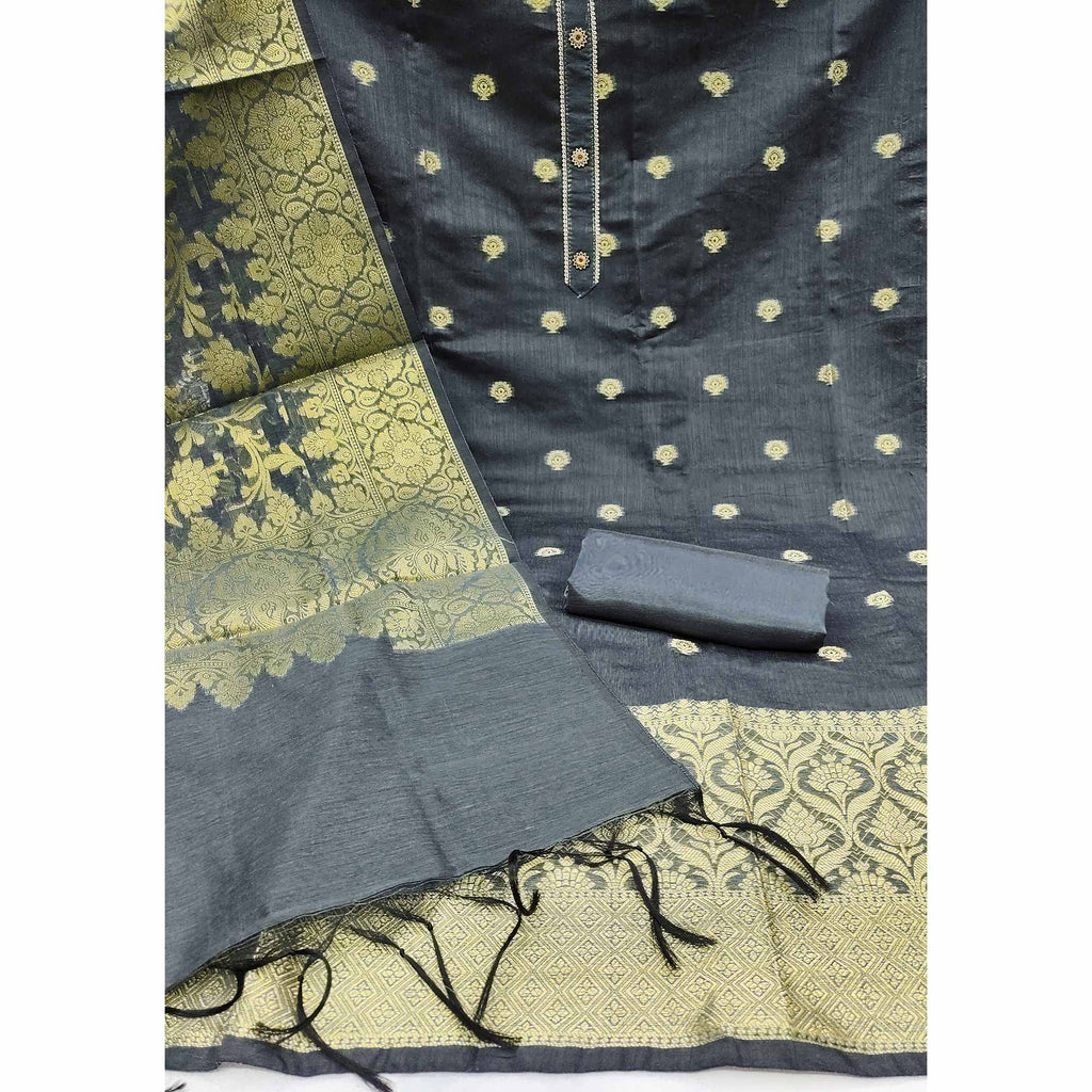 Grey Floral Woven Banarasi Silk Dress Material