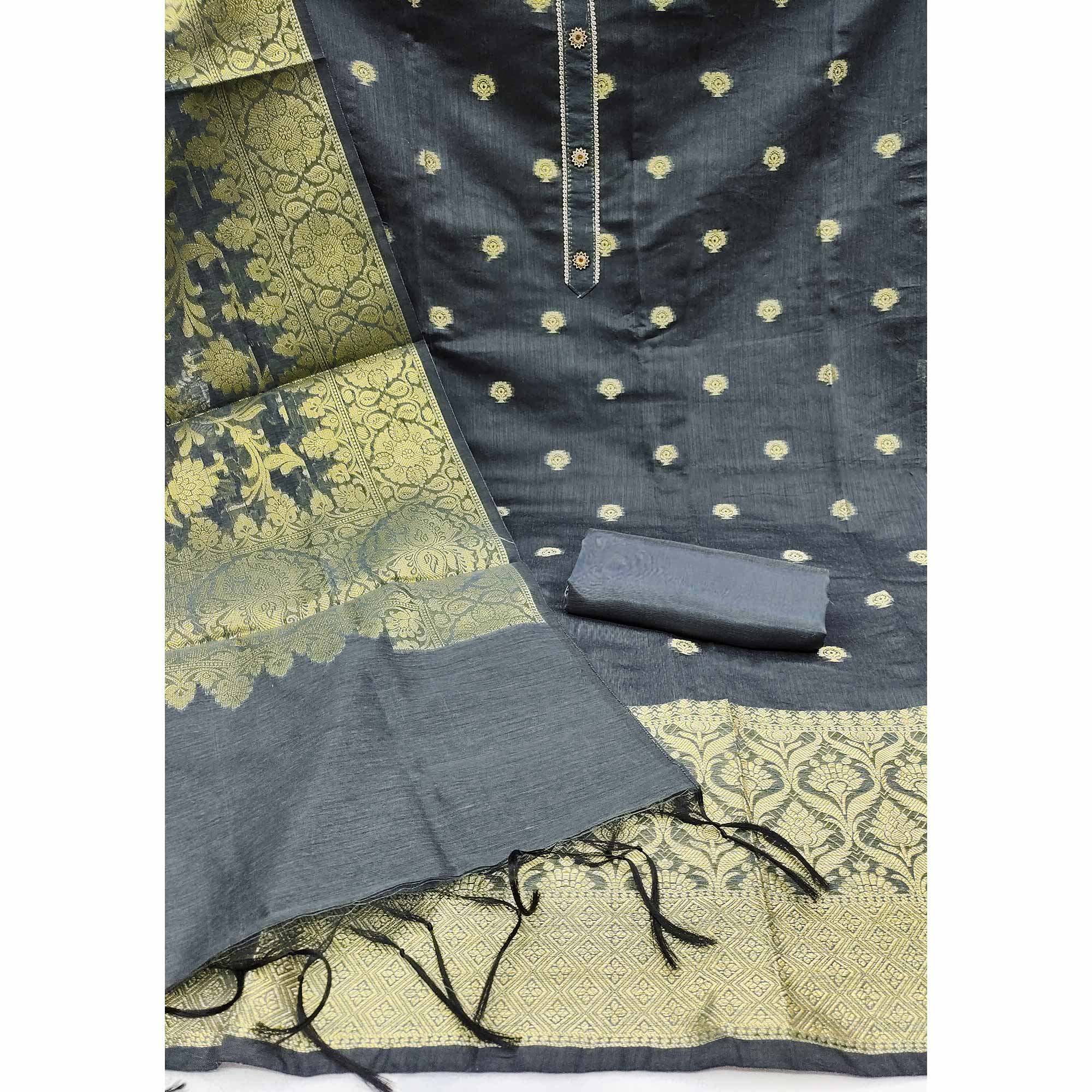 Grey Floral Woven Banarasi Silk Dress Material