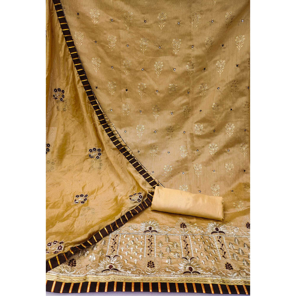 Chikoo Floral Printed With Embroidery Modal Dress Material