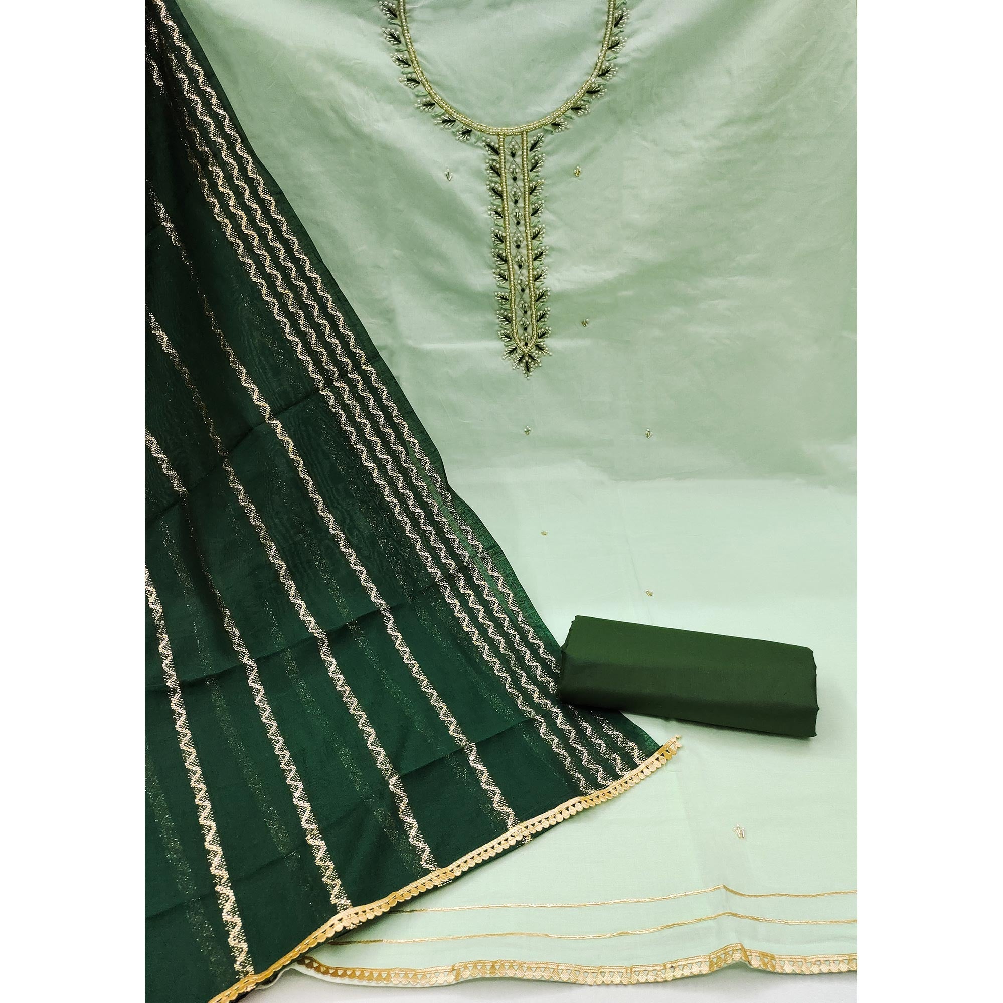 Green Zardosi Moti Work Pure Cotton Dress Material