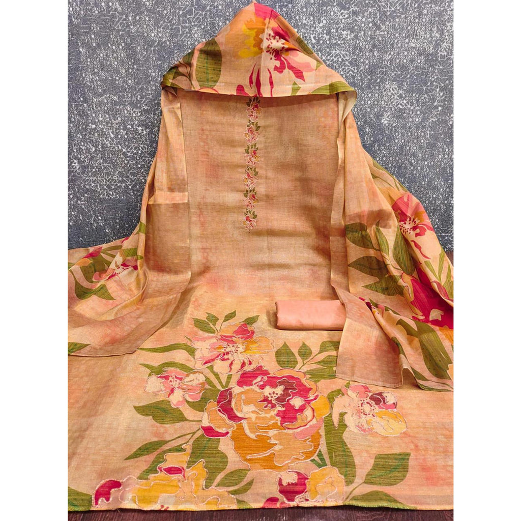 Peach Silk Blend Dress Material With Floral Print Accents & Delicate Thread Embroidery