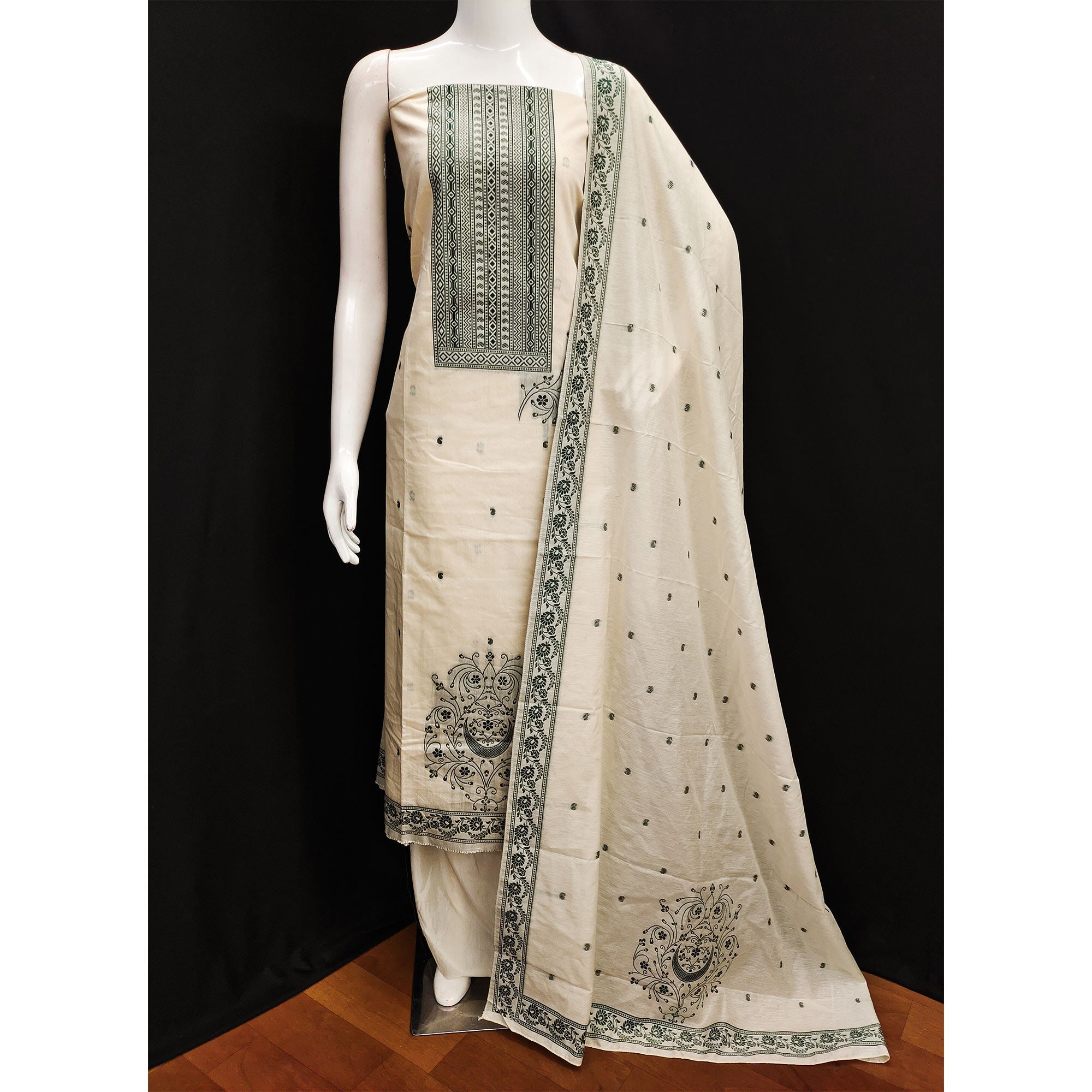 Cream & Green Floral Woven Pure Cotton Dress Material