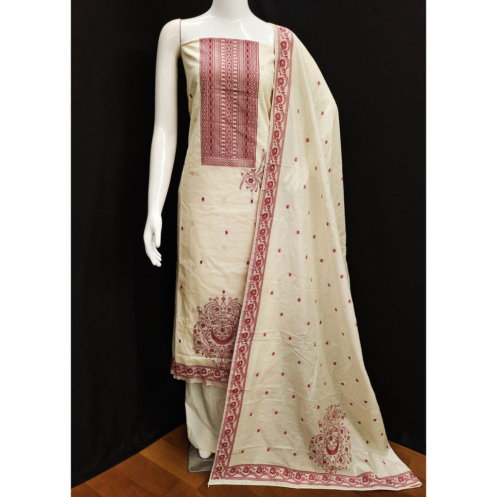 Cream & Maroon Floral Woven Pure Cotton Dress Material