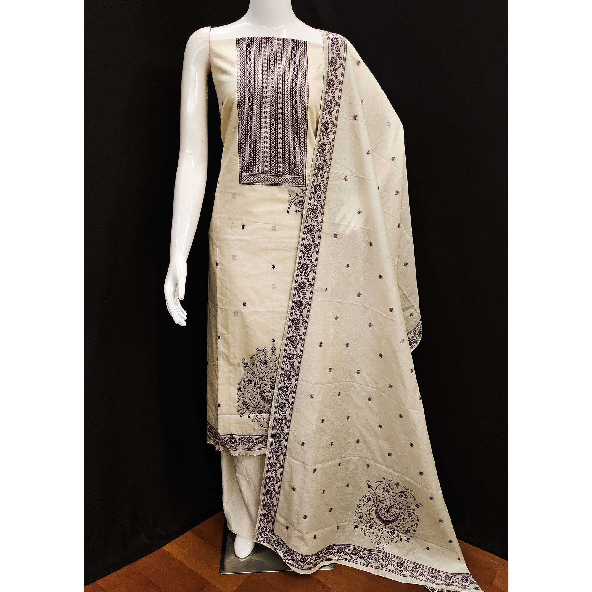 Cream & Wine Floral Woven Pure Cotton Dress Material