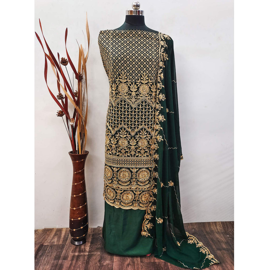 Green Floral Embroidered Georgette Dress Material