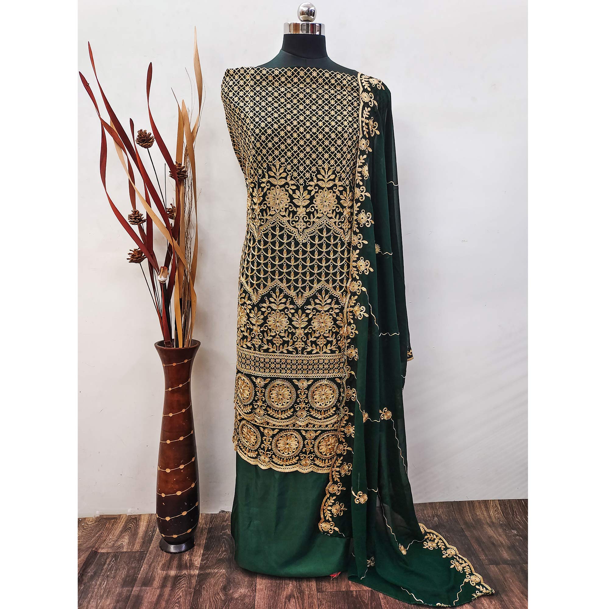 Green Floral Embroidered Georgette Dress Material