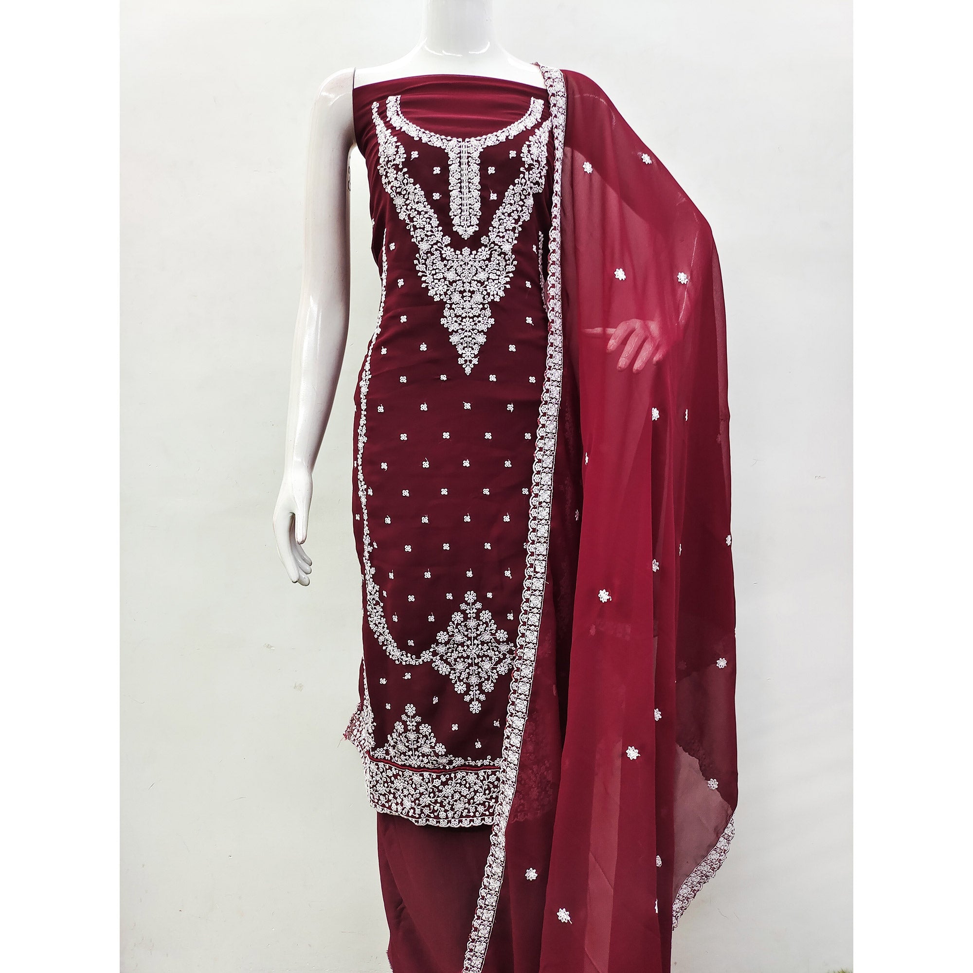 Maroon Floral Embroidered Georgette Dress Material