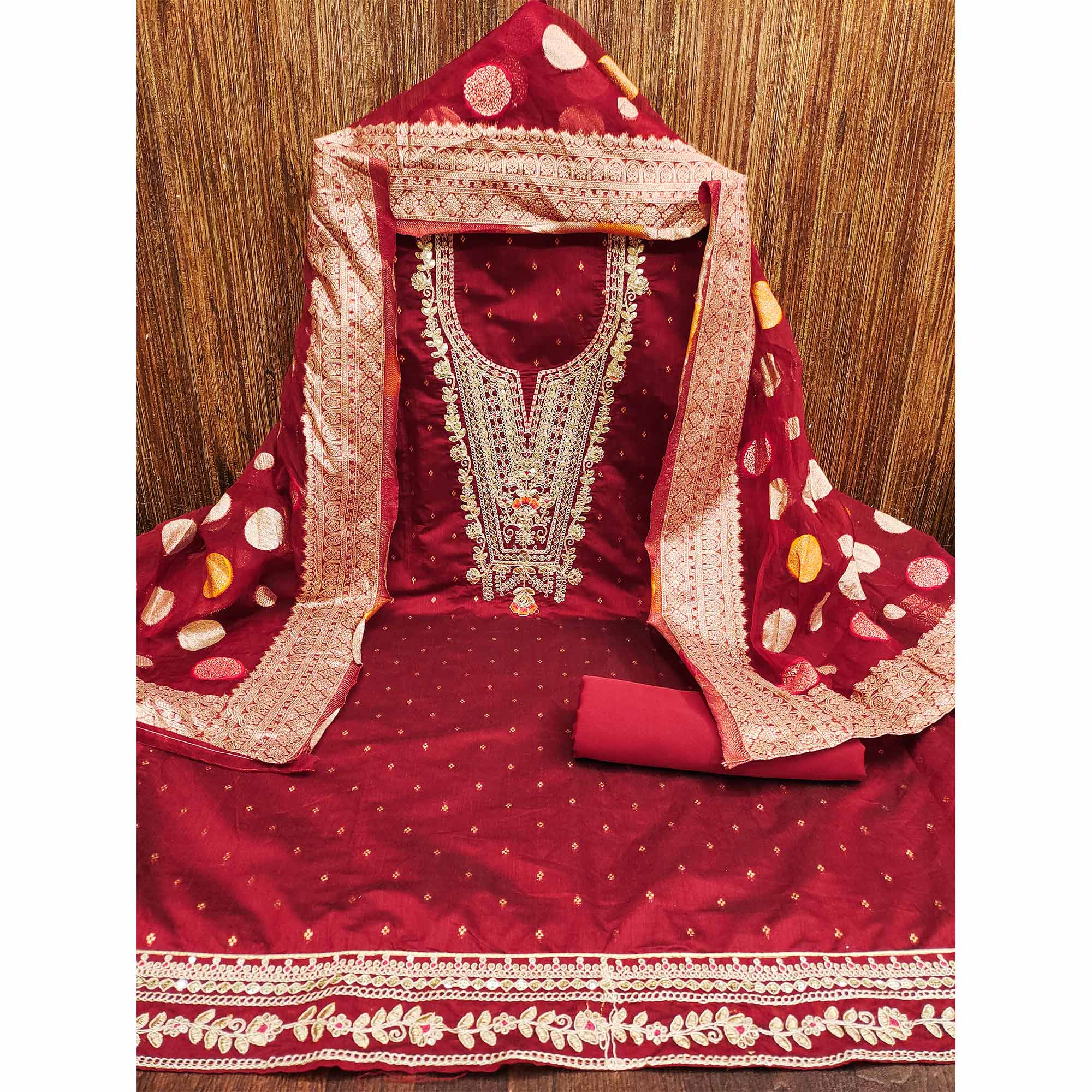 Maroon Butti With Embroidered Chanderi Dress Material