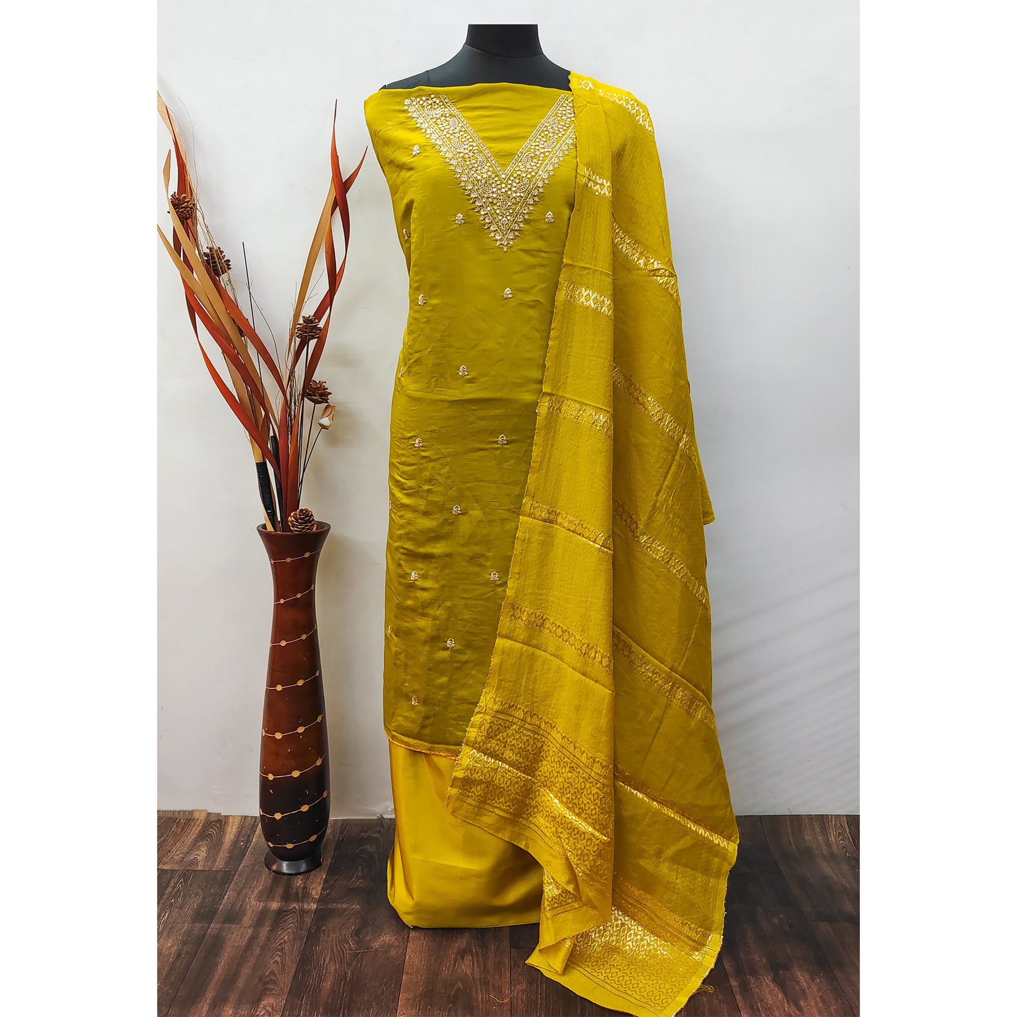 Mustard Floral Embroidered Viscose Dress Material