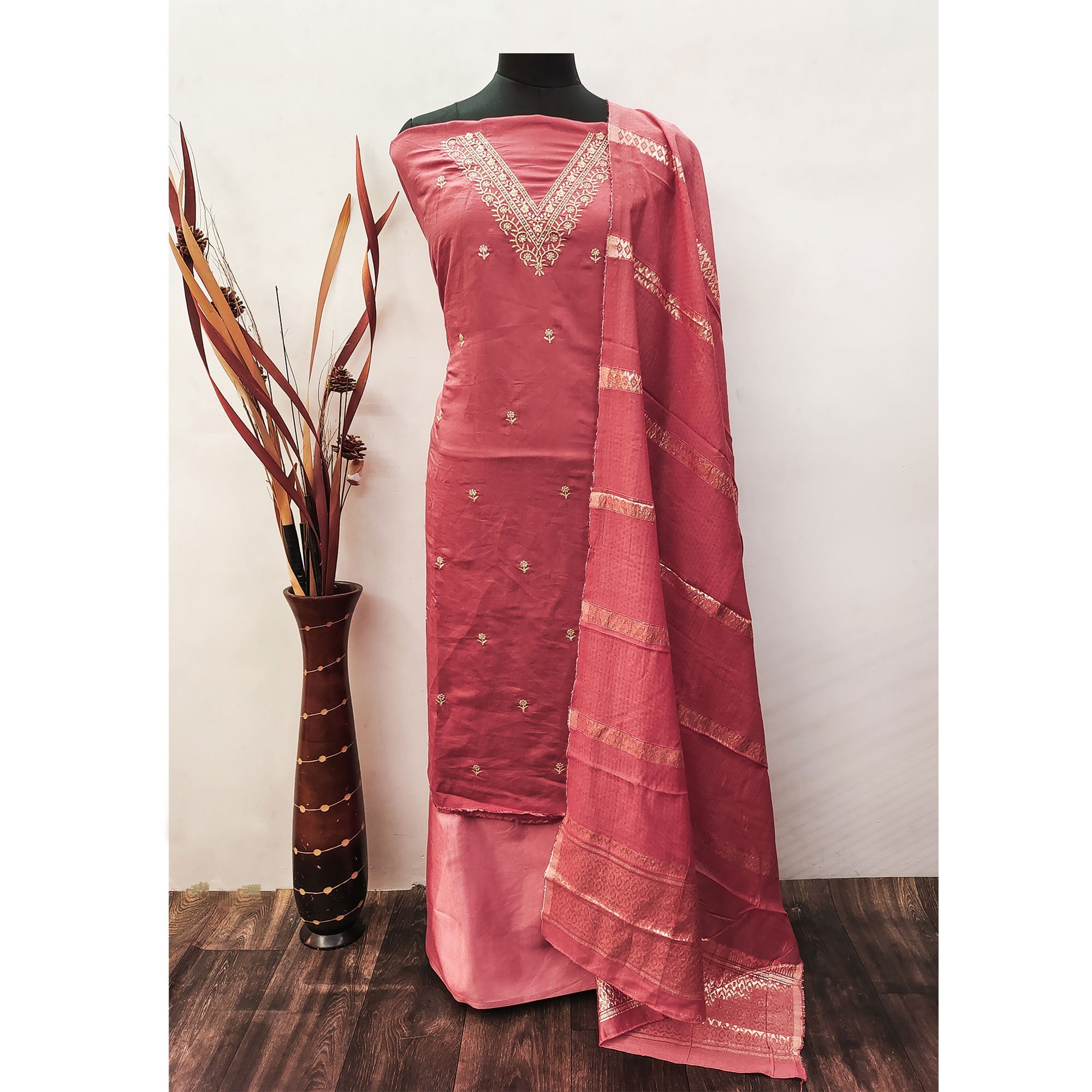Pink Floral Embroidered Viscose Dress Material