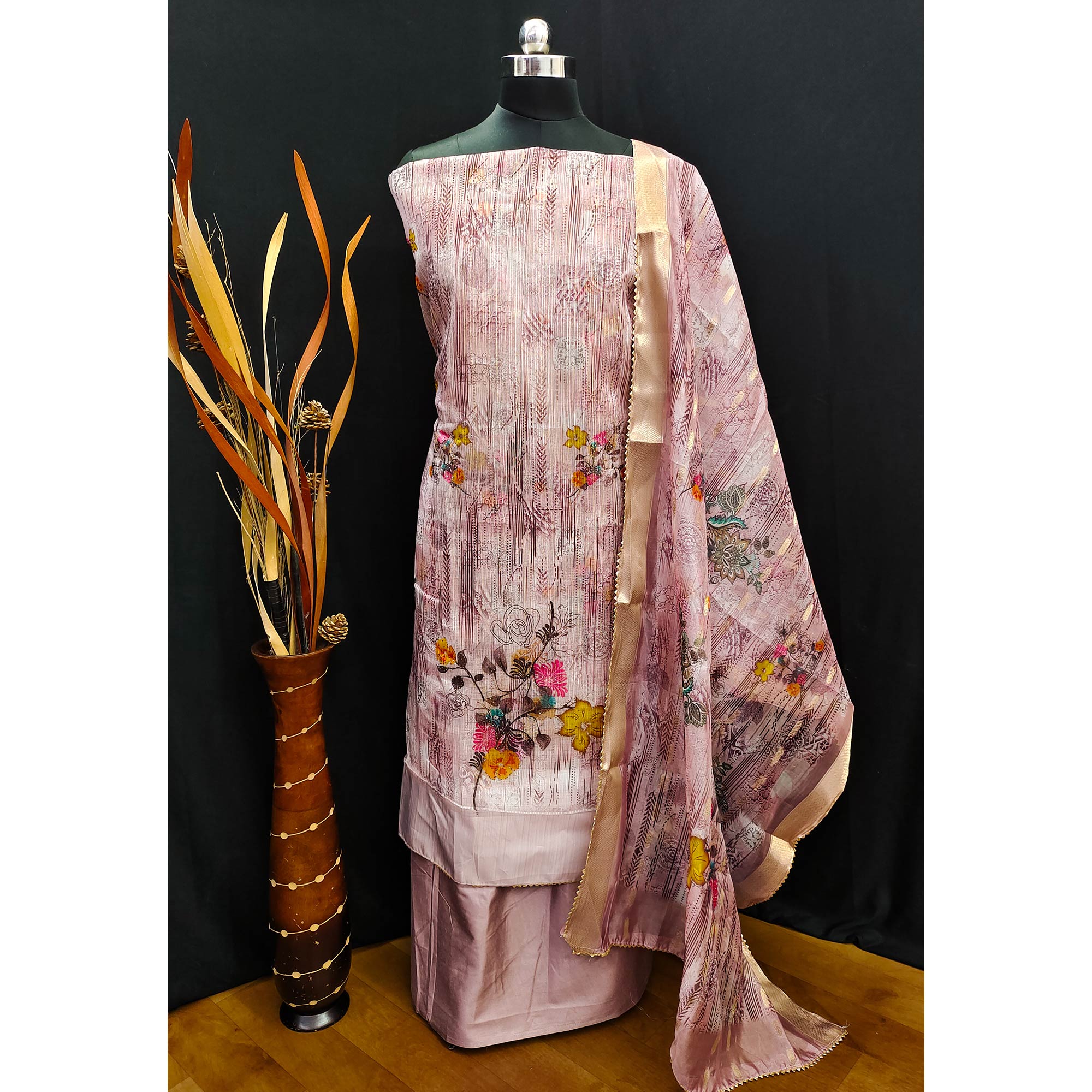 Mauve Floral Printed With Swarovski Work Organza Dress Material