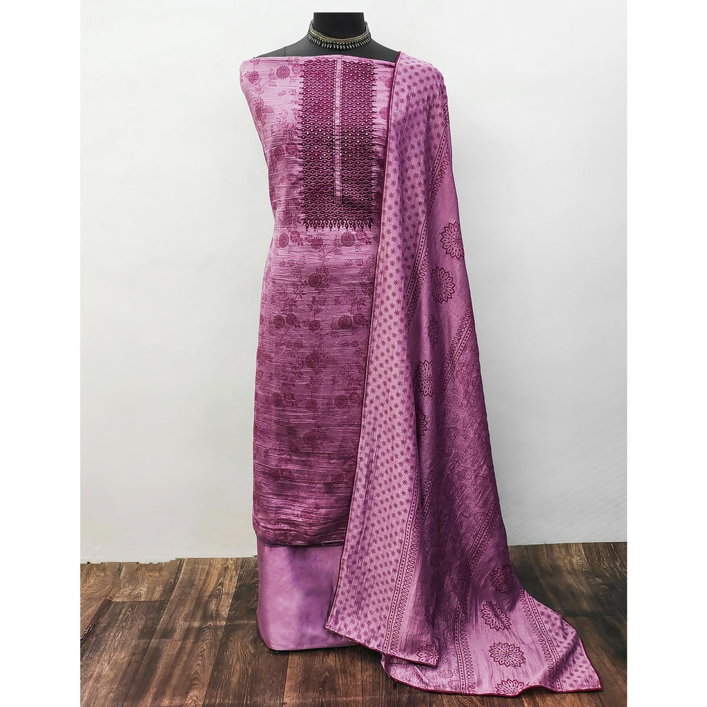 Mauve Sequins Embroidered Vichitra Silk Dress Material