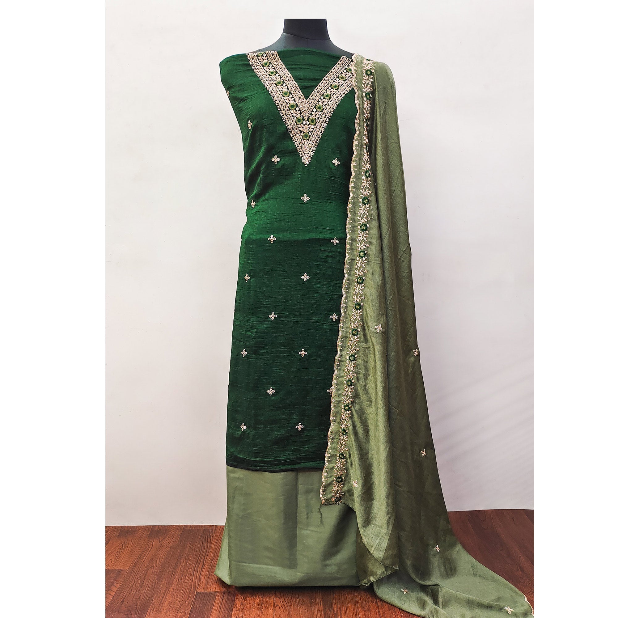 Green Floral Embroidered Vichitra Silk Dress Material