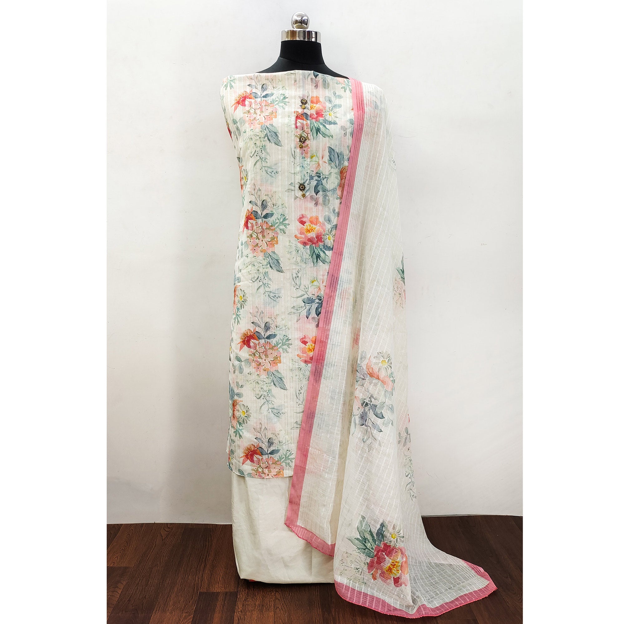 Off White Printed Linen Dress Material