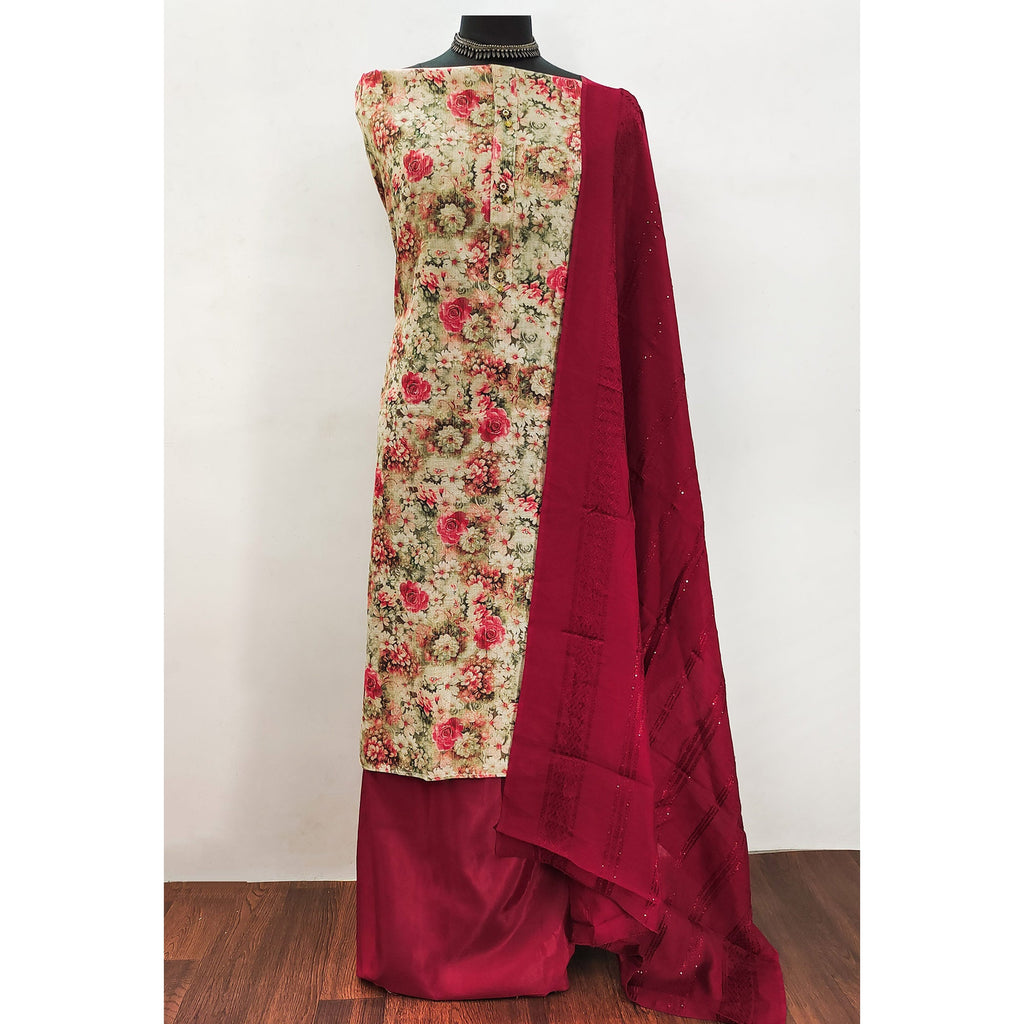 Beige Floral Printed Cotton Silk Dress Material