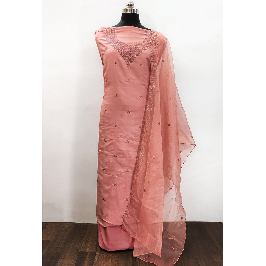 Peach Sequins Embroidered Art Silk Dress Material