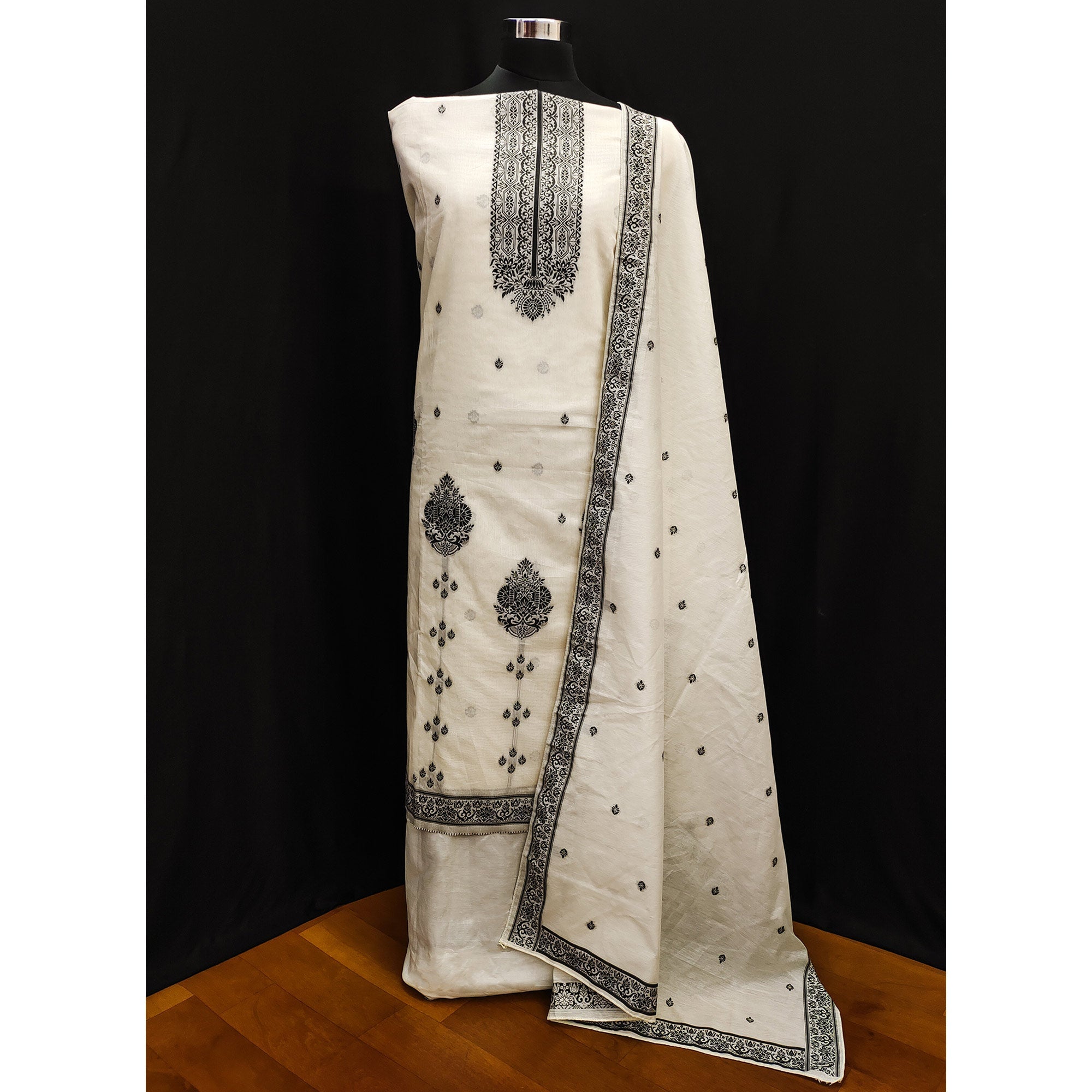 Off White & Black Woven Pure Cotton Dress Material