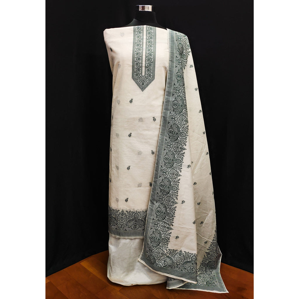 Off White & Green Woven Pure Cotton Dress Material