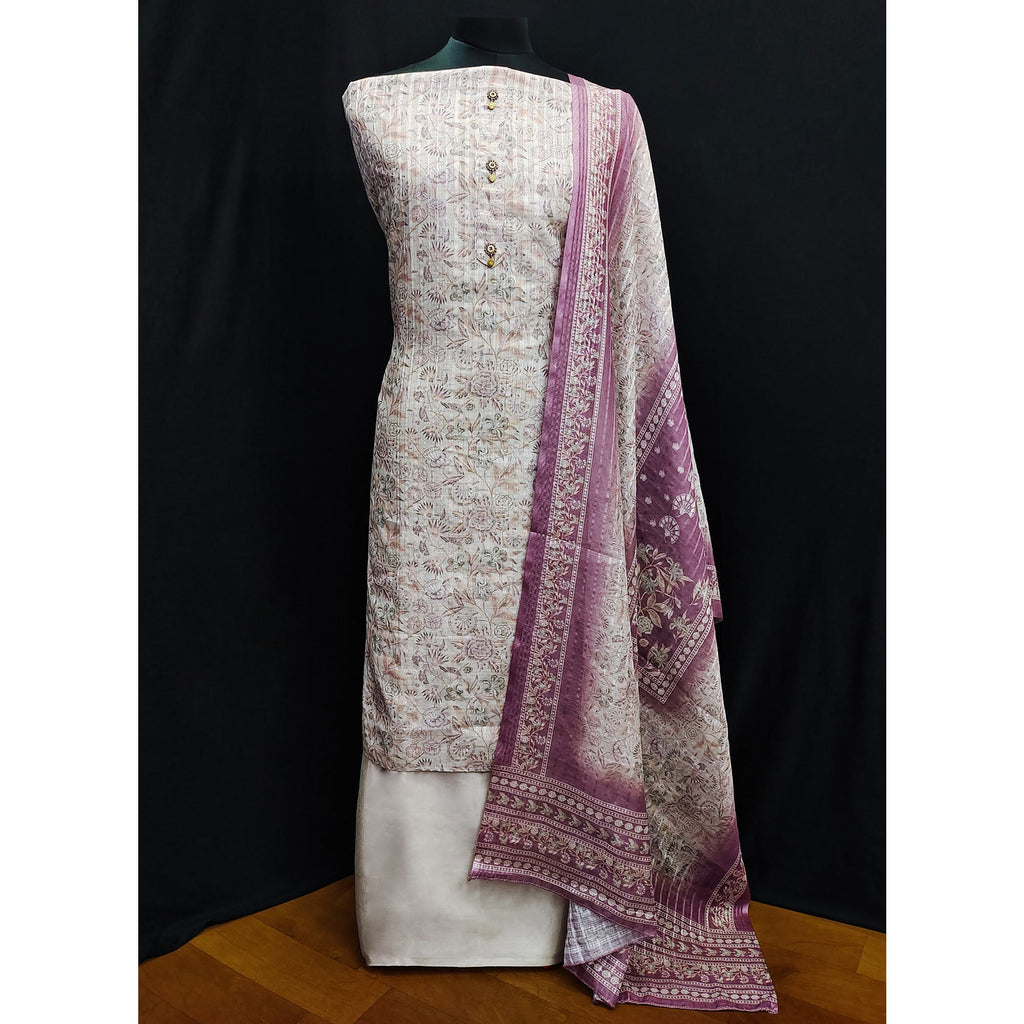 Cream Floral Printed Linen Dress Material