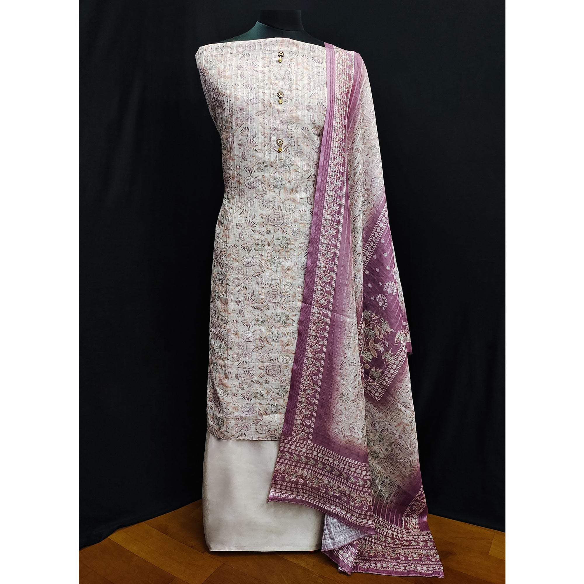 Cream Floral Printed Linen Dress Material