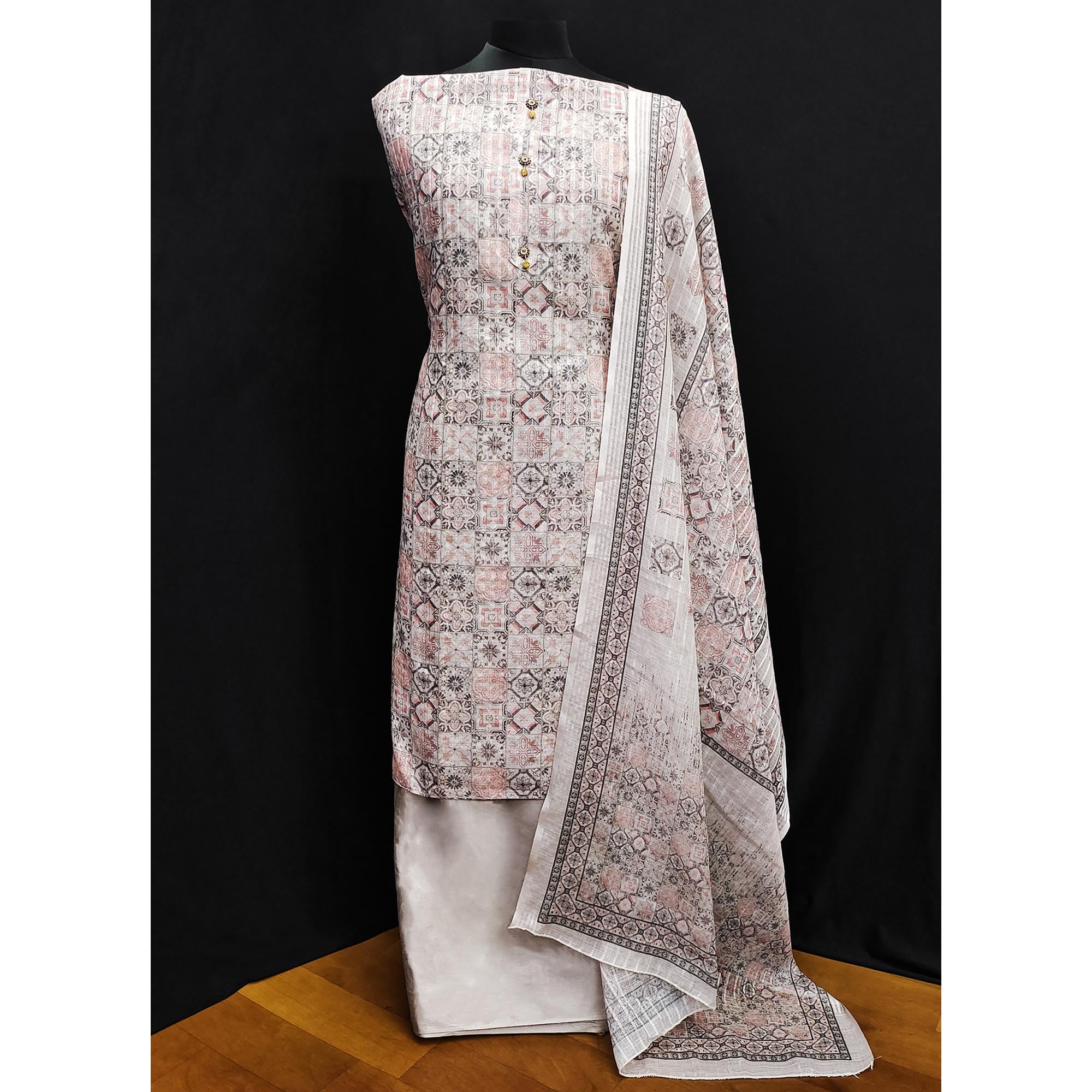 Grey Floral Printed Linen Dress Material