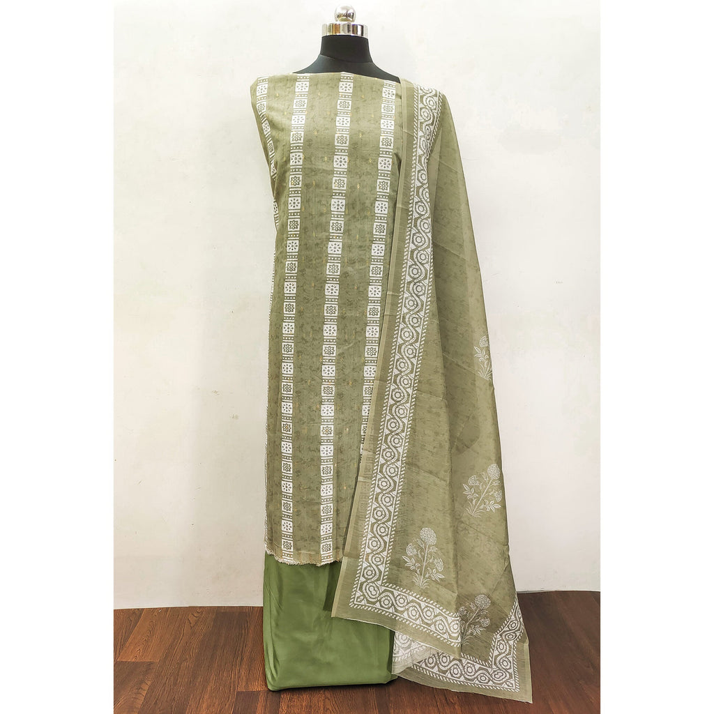 Green Floral Printed Chanderi Dress Material