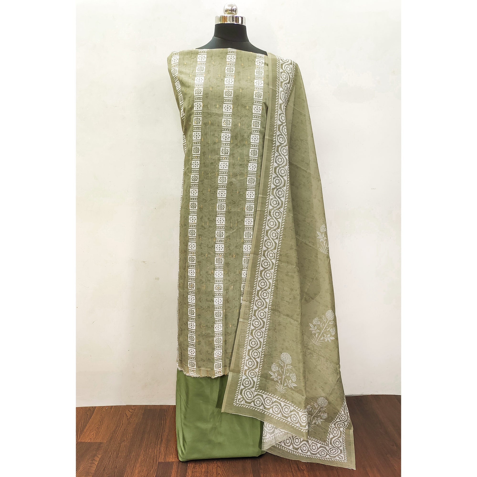Green Floral Printed Chanderi Dress Material