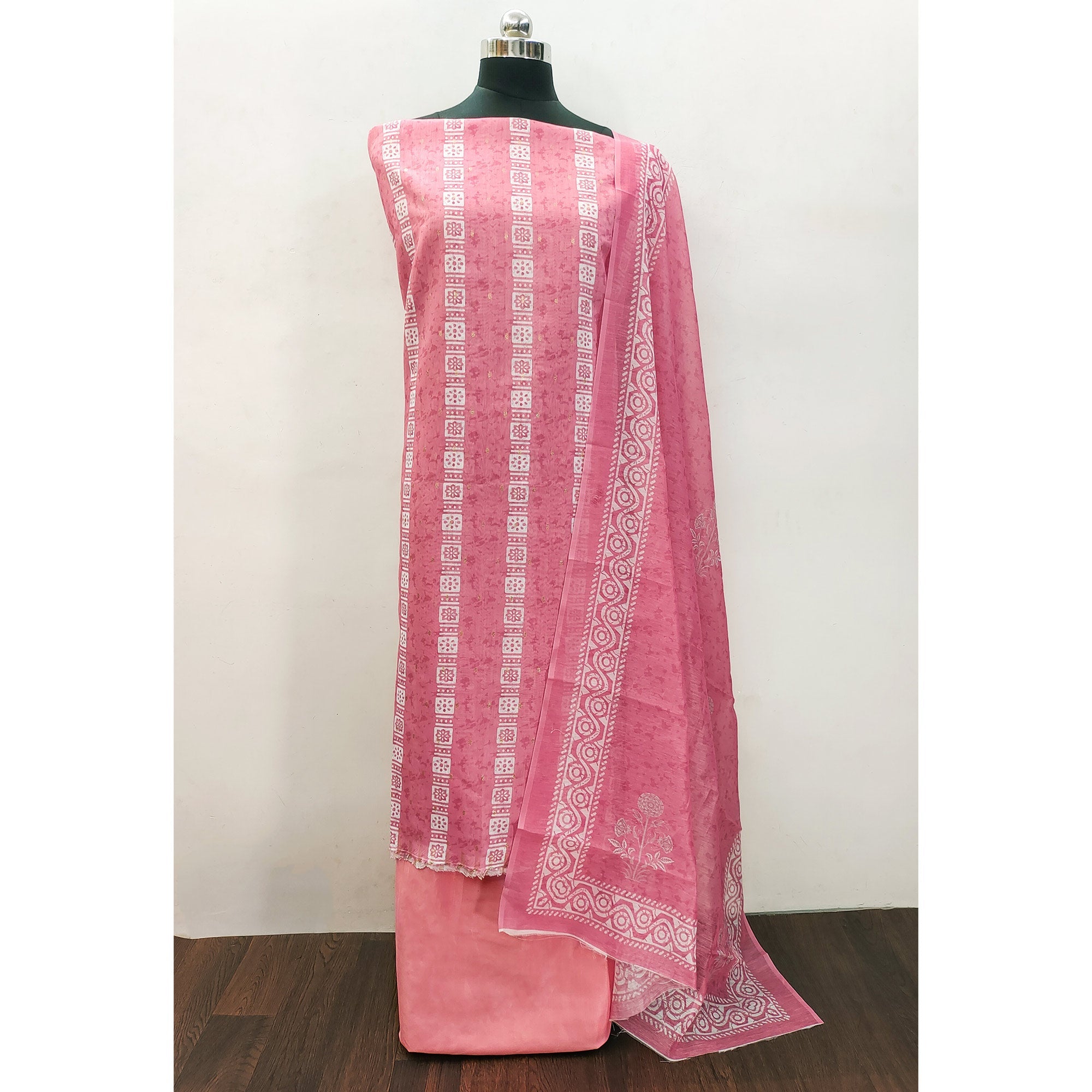 Pink Floral Printed Chanderi Dress Material